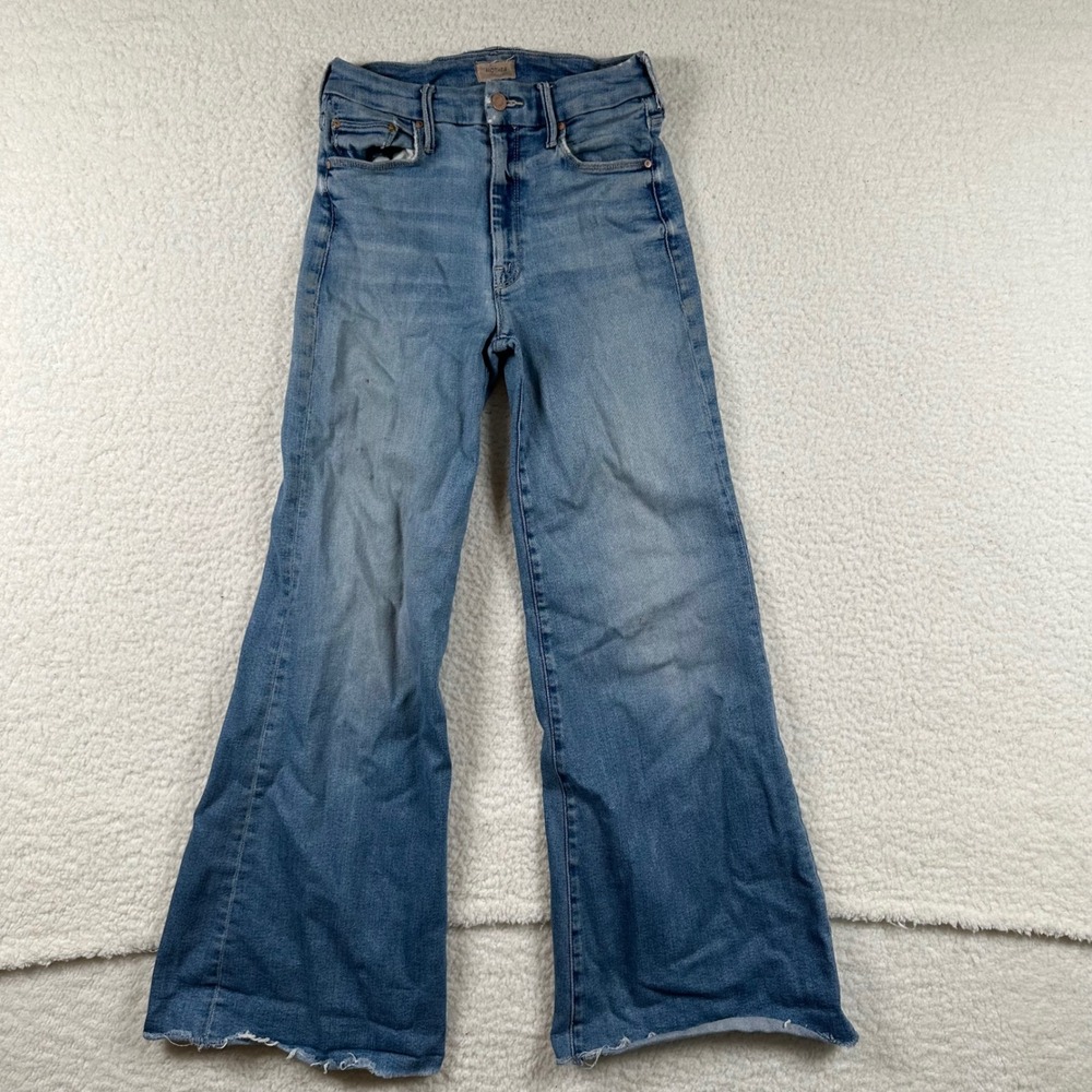 Mother The Roller Jeans High Rise Wide Leg Raw Hem 26 Cliffside Blue Distressed